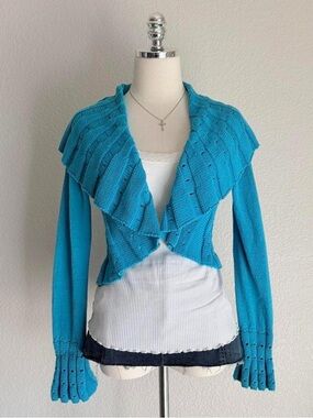 Newport News Bright Turquoise Cropped Ruffle‑Collar Cardigan